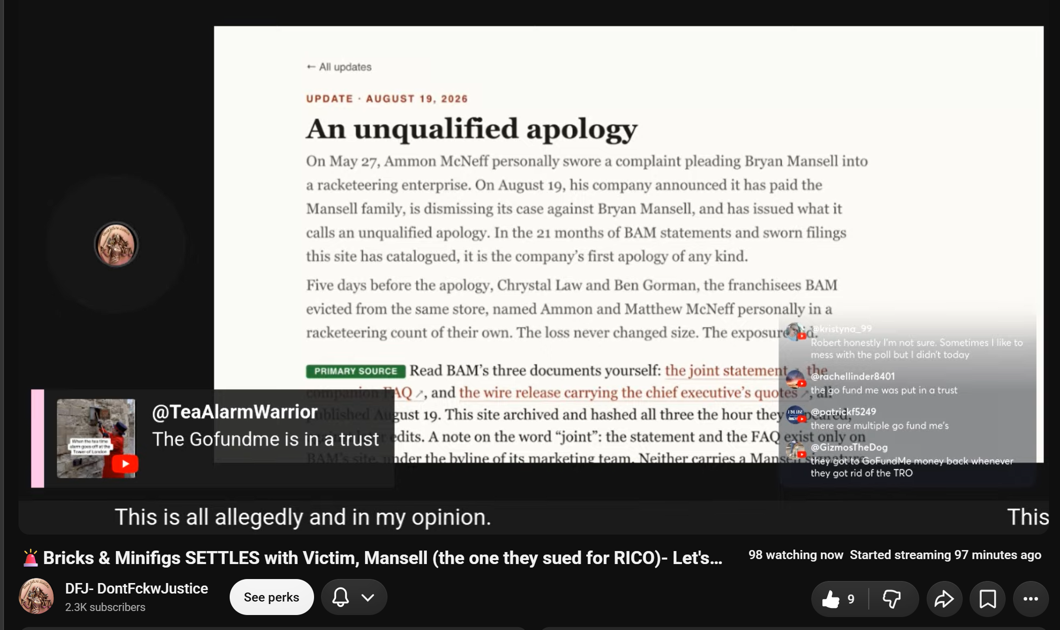 Live stream media coverage analyzing the formal settlement and apology proclamation involving Bryan Mansold