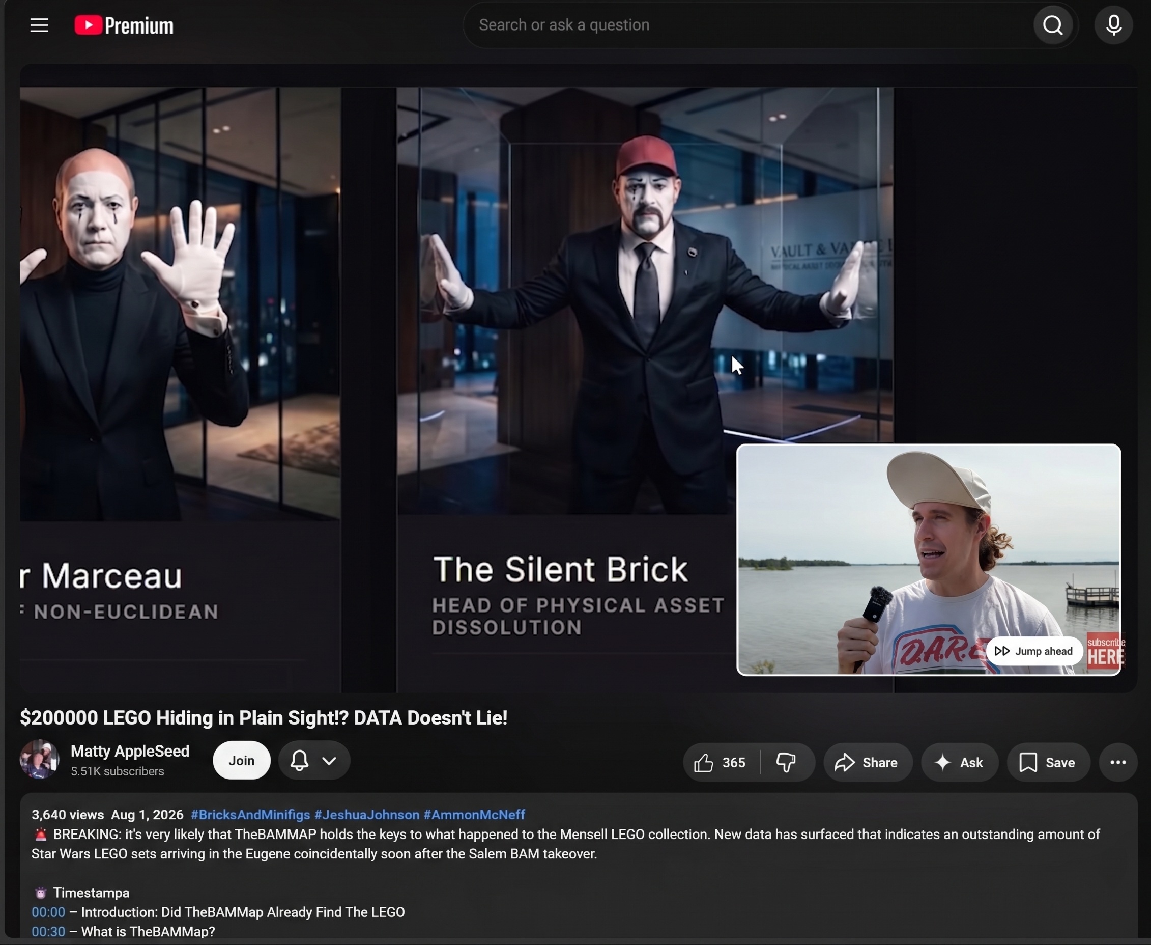 Matty AppleSeed broadcast screenshot analyzing Legally Mime leadership profiles and physical asset dissolution vaults