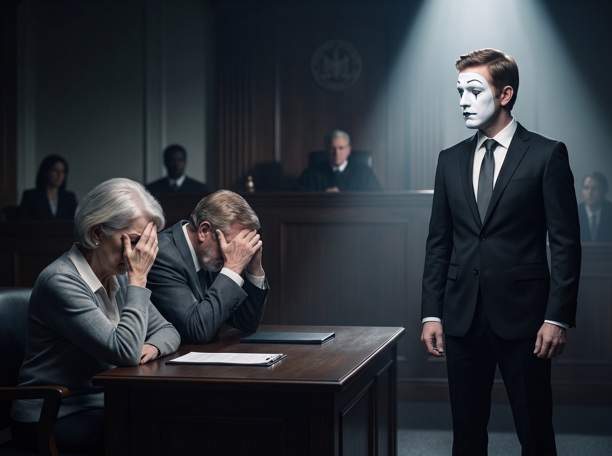 Disappointed boomer parents sitting at a courtroom table looking in shame at their son who is wearing business attire and full mime paint