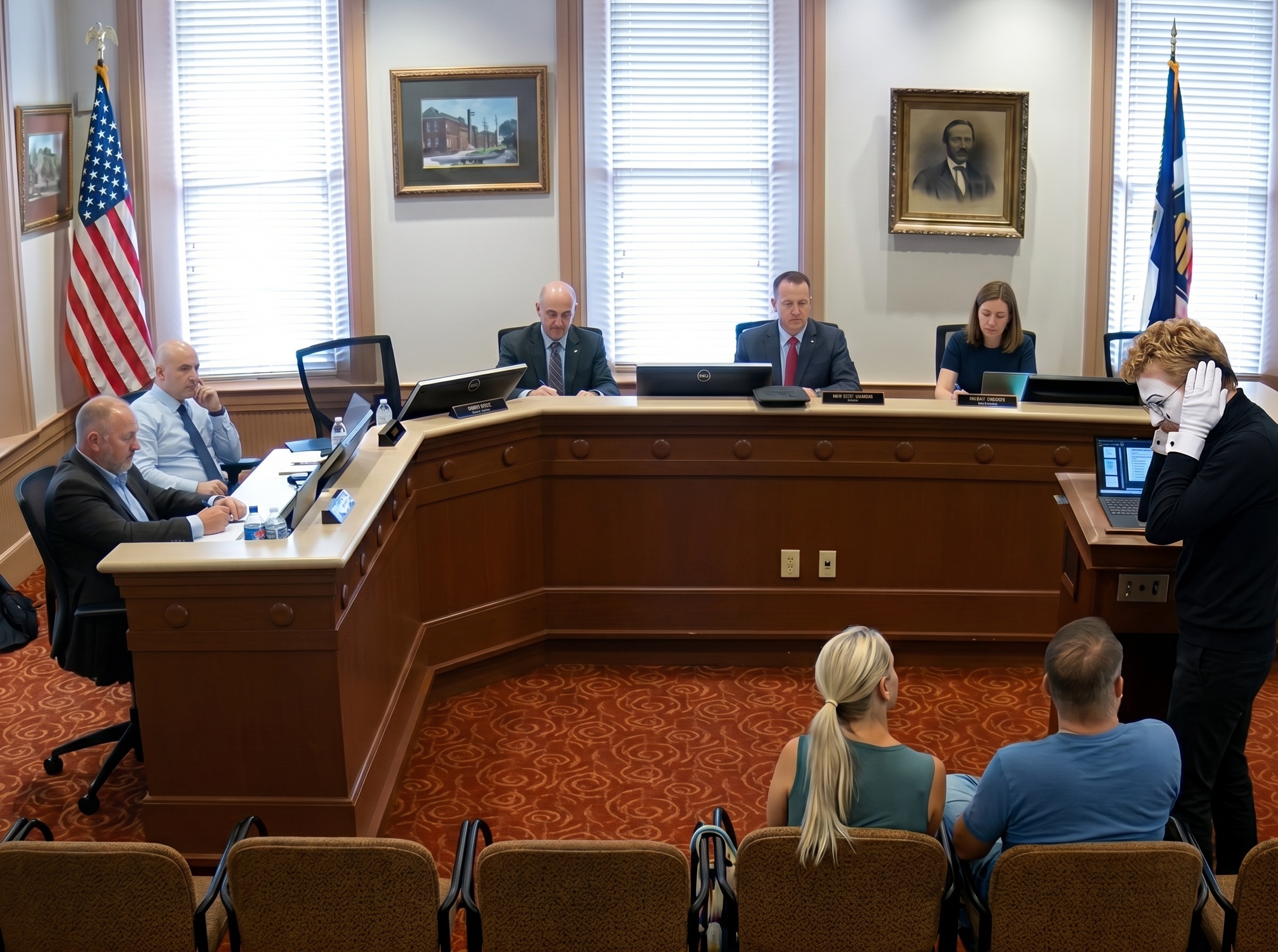 A corporate agent stands before a city council semi-circle chamber, using expressive white-gloved hand gestures during an intense non-verbal asset mitigation hearing