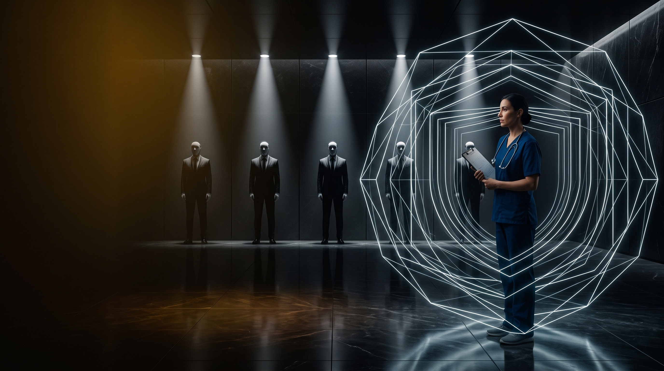 Medical professional in scrubs surrounded by protective, invisible structural boundaries
