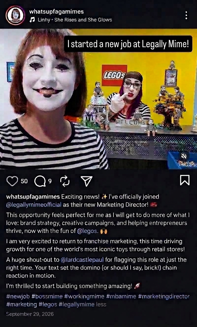 Octomime joining Legally Mime PR and Finance team standing alongside brand strategy and Lego retail displays