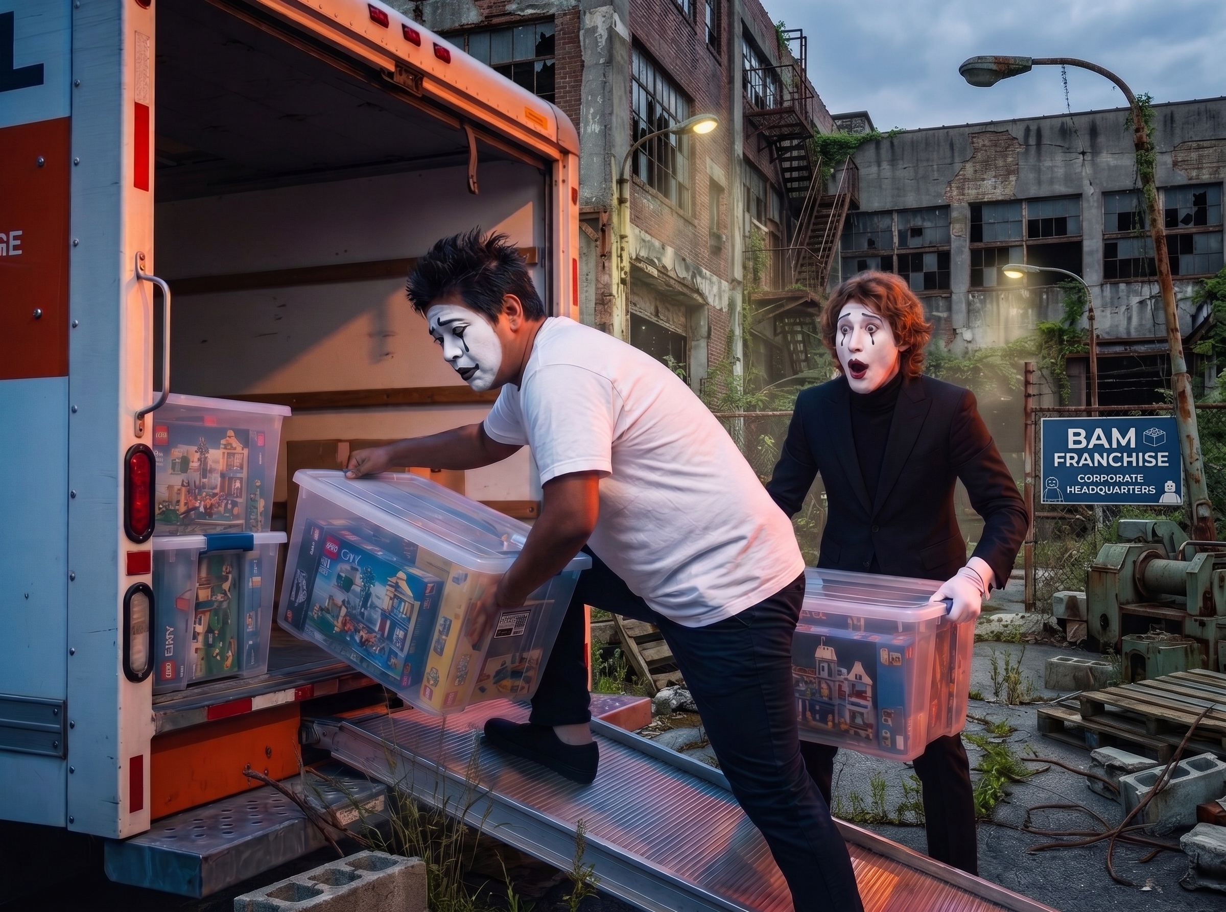 Two imposter mimes frantically loading bins of interlocking premium plastic bricks into the back of a moving truck during a reckless vault breach