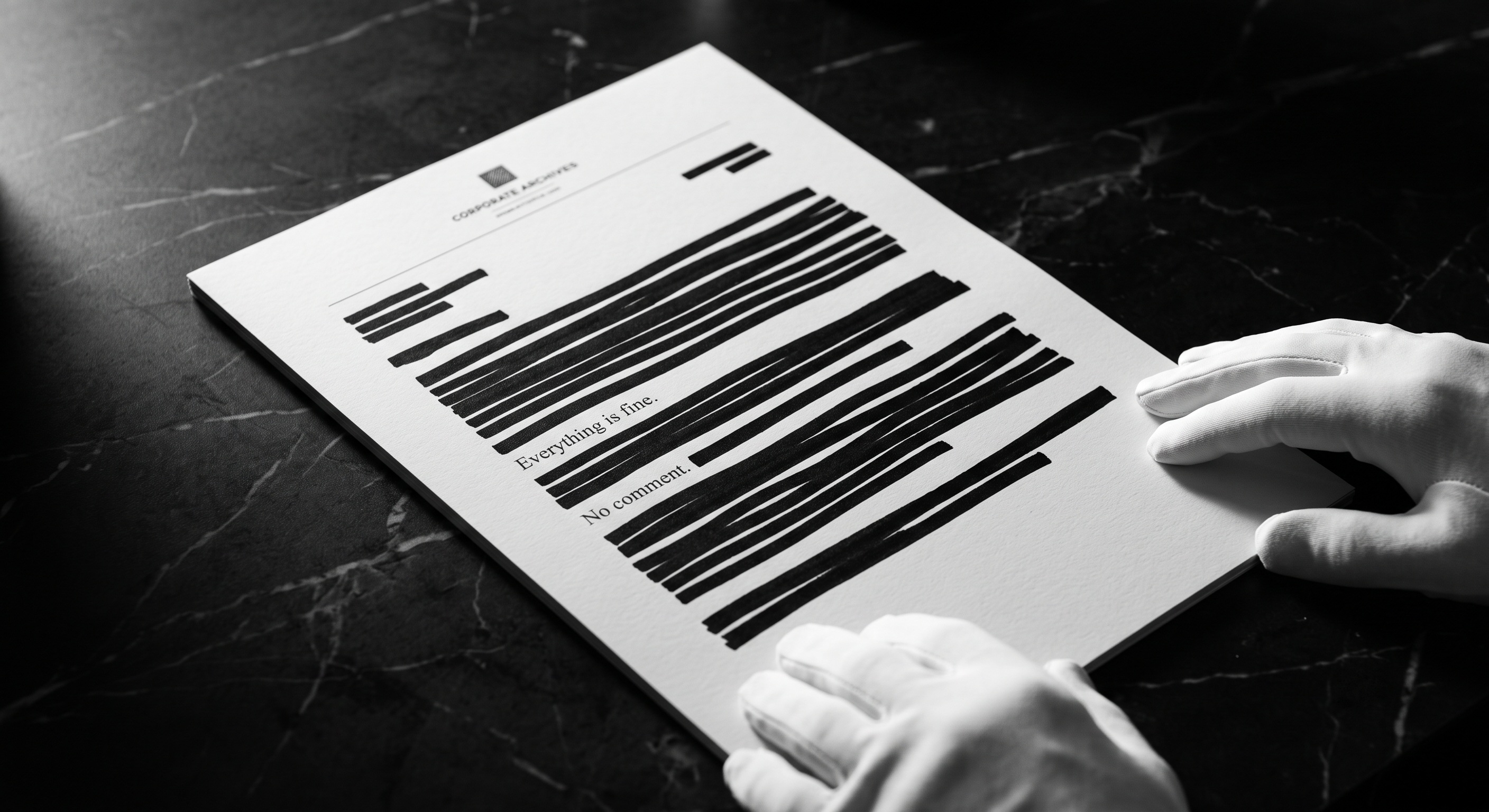 Official redacted document resting on a black executive desk next to white protective gloves