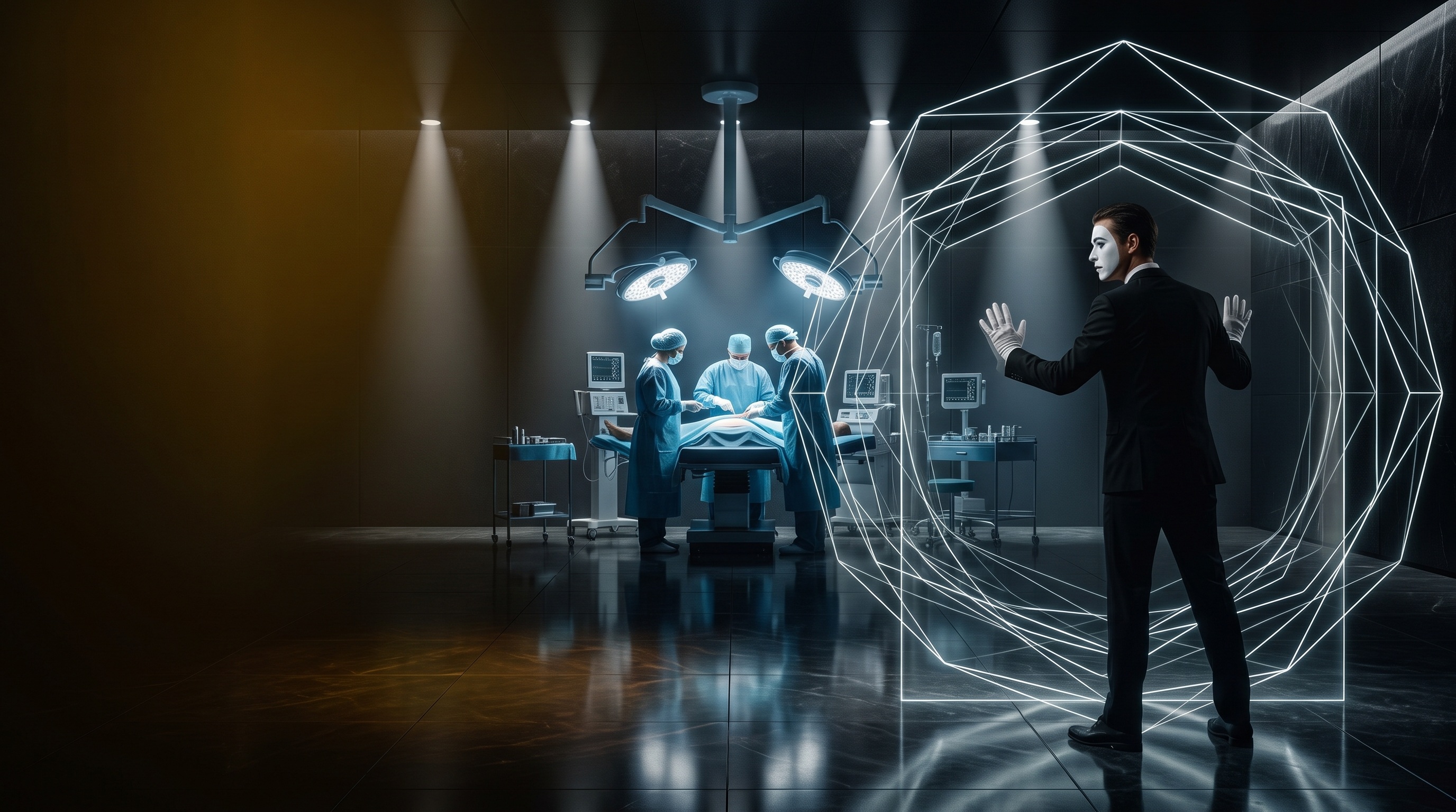 Surgeons operating while an elite mime operator anchors non-verbal structural containment planes around the operating room