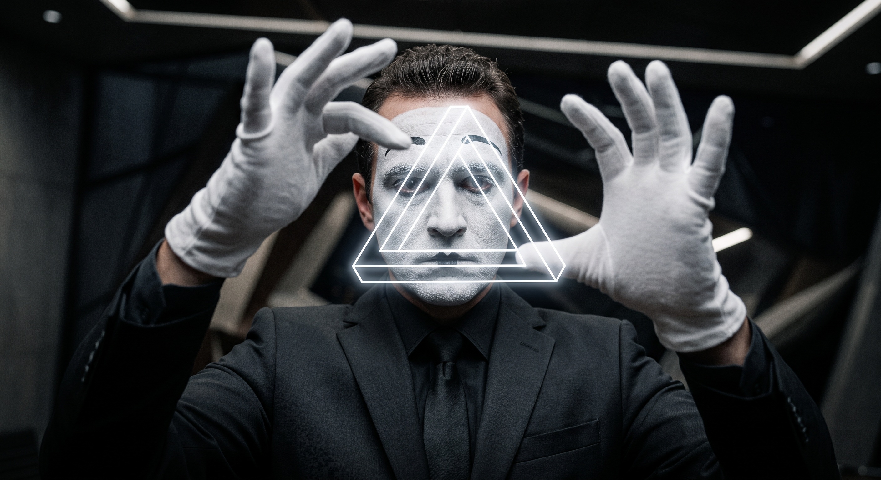 Mime constructing an impossible geometric shape in the air