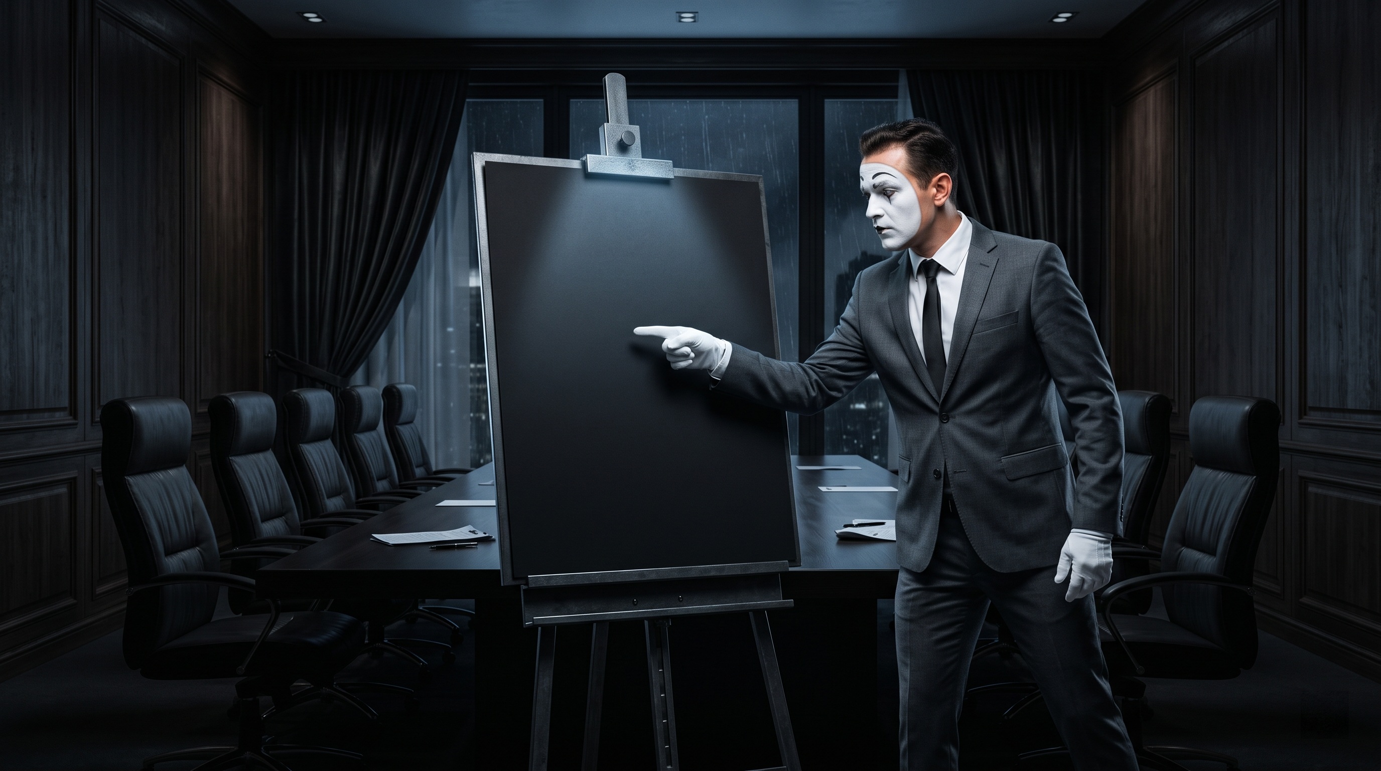 Mime presenting a blank blueprint