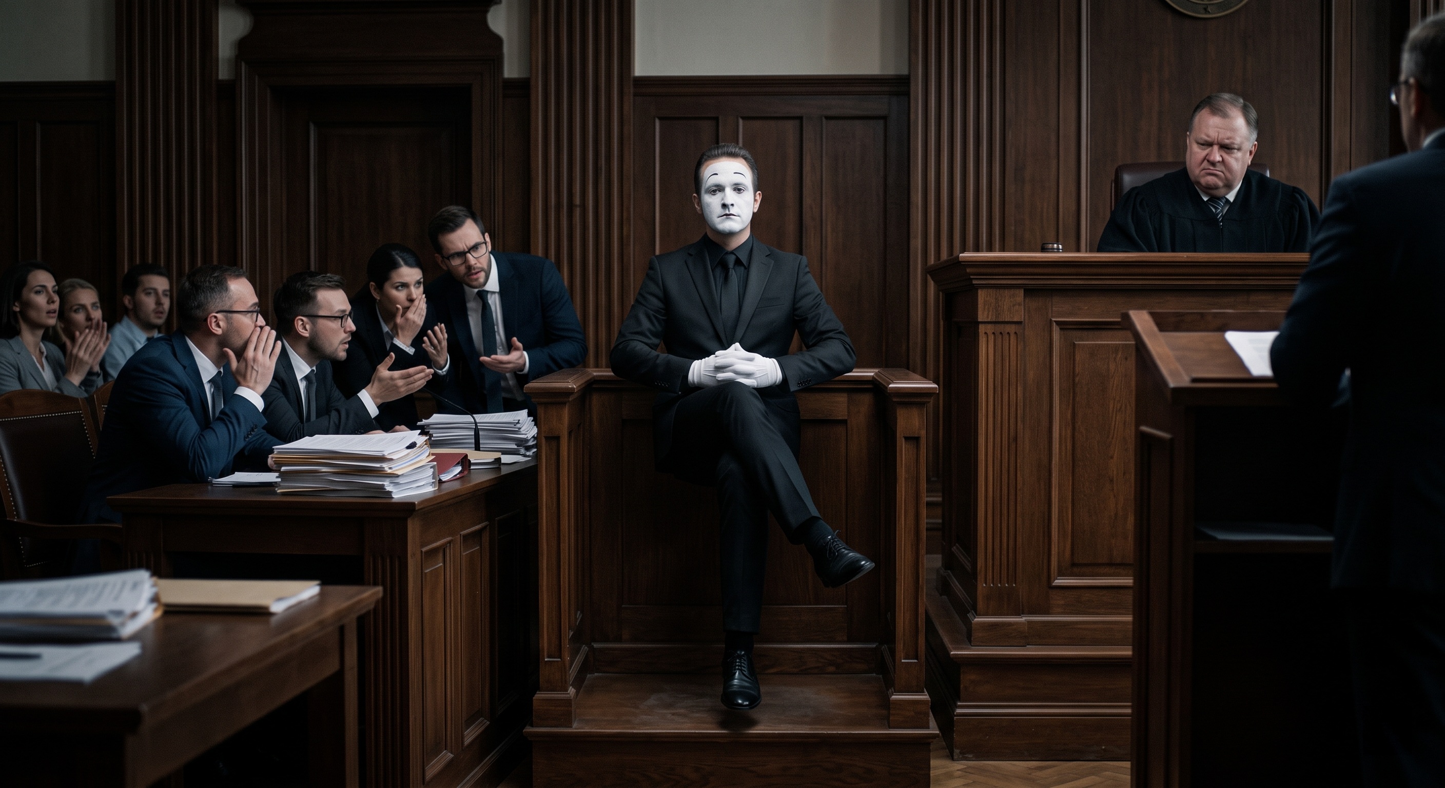 Mime sitting on an invisible chair in a courtroom