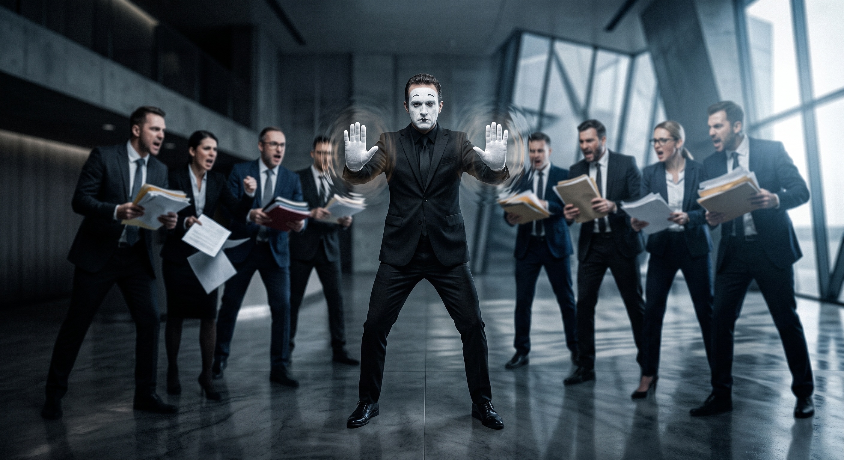 Mime performing a hard-stop gesture against an invisible barrier